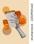 Small photo of Creative drawing collage picture of hand holding take away paper cup hot coffee cacao tea cafeteria cafe autumn orange leaves cozy comfort