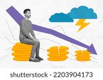Small photo of Creative poster collage of sad depressed young man investor sit golden coins arrow point down crisis disaster storm financial instability