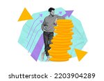 Creative abstract template collage of satisfied happy man lean big column pillar golden coins successful rich arrows increase point up