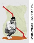 Small photo of Vertical collage picture of unsatisfied miserable person black white effect drawing descending arrow down isolated on painted background