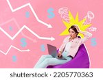 Small photo of Collage 3d image of pinup sketch of funny frightened woman business market difficulty trading arrows point down statistics crisis inflation