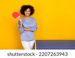 Photo of cute adorable curly girl dressed blue pullover ready playing table tennis isolated yellow color background