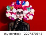 Small photo of Photo of beautiful dead bride death day calaverita katrina facial tattoo zombie ornament look sly empty space floral headband black traditional costume isolated red color background