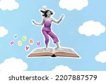 Composite collage image of excited young girl student flying sky clouds levitating book interesting novel bookworm imaginary world fantasy