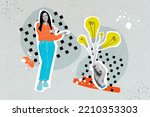 Creative trend collage of millennial lady businesswoman pointing excellent idea electric lamps bulbs isolated drawing background