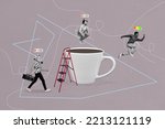 Creative photo 3d collage image artwork caricature of young tired person revive alive after coffee isolated on painting background