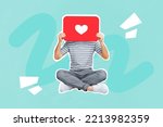 Creative photo collage of headless funny guy addicted from social media sitting hold postcard like isolated on blue color background