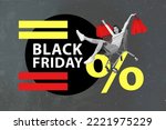 Collage photo poster of young excited girl shopaholic driving cart basket hold packages black friday big logo isolated on grey color background
