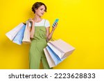 Photo of millennial hipster woman hold smartphone just take package gift eshopping free delivery ebay mockup isolated on yellow color background