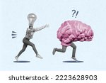 Creative photo 3d collage artwork poster of funny funky two moving personages lamp brain instead face isolated on painting background