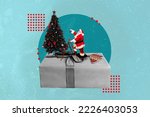 3d retro abstract creative artwork template collage of little santa claus climbing ladder decorate adorn christmas new year tree giftbox