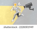 Small photo of Creative collage image of escaping woman burglar leaving shop steal lollypop run away fast security camera detection crime stealing concept