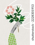 Small photo of Creative poster collage of hand holding plant flower recycling sign symbol support help environment pollution sort garbage awareness