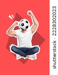 Small photo of Photo cartoon comics sketch picture of lucky exited young guy football ball instead of head rising fists isolated drawing background