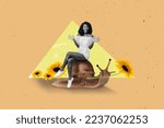Small photo of Collage photo of young attractive woman sitting sliding slither mollusk autumn fall season sunflower bloom field isolated on beige color background