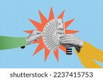 Creative photo 3d collage artwork postcard poster picture of two human arm hold money pay purchase isolated on painting background