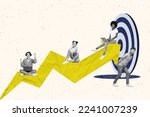 Composite collage image of company team building hit target achieve aim profit arrow point help together support caricature drawing
