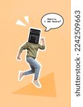 Small photo of Vertical collage photo of young acoountant mathematics economist calculator head running say much business isolated on beige color background