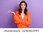 Portrait of unsatisfied pretty person raise arm palm conflict isolated on purple color background