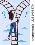 Small photo of Vertical photo collage of little schoolgirl preteen climbing heaven sky choosing route ladder doubts dilemma her future isolated on blue background