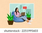 Small photo of Composite collage image of pretty nice girl sitting beanbag use netbook chatting texting isolated on drawing home interior background