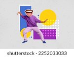 Creative abstract template collage of funny young man hoodie big smiling mouth instead head toothy beaming smile dancing chilling artwork
