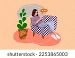 3d retro abstract creative artwork template collage of busy lady chatting instagram twitter telegram isolated painting background