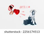 Photo collage artwork minimal picture of upset sad lady listening flight delay announcement isolated drawing background