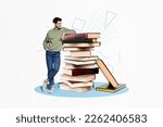 Small photo of Composite photo minimal design collage bookstore geek guy student stay near stack much books literature enjoy reading isolated on white background