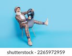 Small photo of Photo of funky craze extravagant retired man dandy look empty space moving road shopping store isolated on blue color background