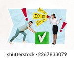 Small photo of Template collage business concept of young authority woman screaming proclaim employee do his requirements tick mark isolated on blue background