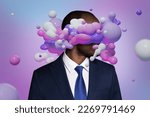 Small photo of Funky pink purple collage of groomed metrosexual business man with water floating blobs apply shaving foam balm