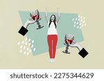 Small photo of Collage image picture sketch poster of overjoyed girl victory friday mood weekend cheers clink tasty wine isolated on drawing background