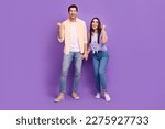 Small photo of Full size portrait of two delighted satisfied people raise fists success achieve isolated on purple color background