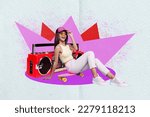 Collage photo of overjoyed relaxed cool hipster lady sitting longboard skate enjoy listen soundtrack vintage boombox isolated on drawing background