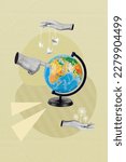 Small photo of Creative banner poster collage of earth globe human hand pointing africa country direct travel trip for paper dove