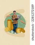 Small photo of Creative illustration 3d photo collage artwork sketch of smart clever man office manager banker make money isolated on painted background