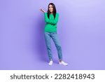 Small photo of Full length photo of questioned lady ask wtf show disobedience unfair situation isolated purple color background