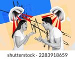 Picture poster creative pop collage image of angry aggressive people shouting solving trouble isolated on painted background
