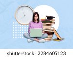 Small photo of Creative photo minimal design busy concept collage of young concentrated woman use netbook prepare final exam deadline isolated on blue background