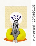 Small photo of Vertical collage minded girl cute sit pouf touch cheeks interested curious questioned thinking about future isolated on beige background