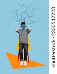 Small photo of Vertical collage image of black white colors guy sit chair hands touch drawing mess head isolated on blue background