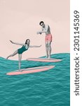 Small photo of Collage design picture of two young student swim clothes diving ocean surfboard carefree enjoy tour abroad isolated on drawn background