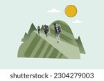 Small photo of Creative collage rear view expedition group people lost in mountains forest walking route with rucksacks isolated over green background