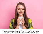 Photo of young attractive woman wear yellow plaid shirt closed eyes coffee break relax aroma beverage comfort isolated on pink color background