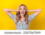 Portrait of overjoyed lovely lady wear stylish sarafan arms touch head rejoice cant believe win lottery isolated on yellow color background