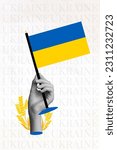 Small photo of Vertical collage portrait of black white colors arm hold ukraine national flag wheat spike plant isolated on creative background