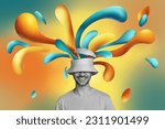 Artwork 3d collage picture of smiling funky guy having many imaginations dreams isolated drawing background