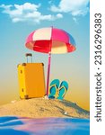 Small photo of Vertical collage artwork picture of sand beach flip flop shoes suitcase sun umbrella ocean water clouds sky isolated on summer background
