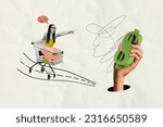 Small photo of Image 3d sketch minimal collage picture of crazy carefree lady sitting riding pushcart hurry hypermarket isolated on painted background